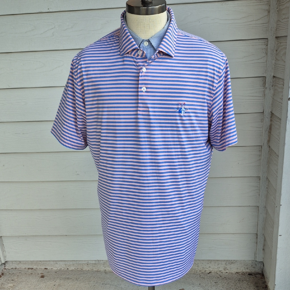 DRADDY Sport Pink Blue Striped Polyester Blend Embroidered XL Mens Golf Polo Shi - Picture 2 of 7